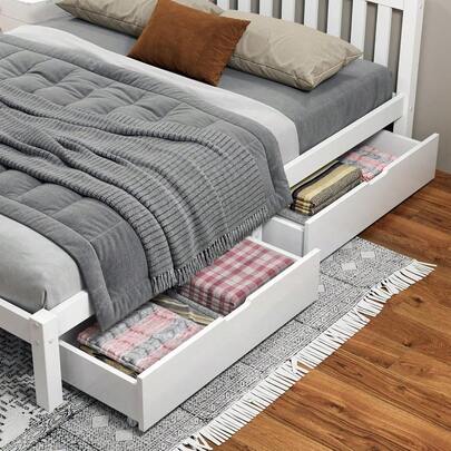 2X Bed Frame Storage Drawers For Queen Double King Single Size Wooden Mattress Platform Base UnderBed Timber Storage Drawer Trundle For Adults 91 X 20 X 47cm White