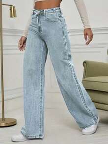 WGXWGX Plus-Size Women's Casual And Versatile Solid Color High-Waisted Straight-Leg Jeans With Slanted Pockets, Non-Stretch Loose-Fitting Jeans, Button And Zipper Closure, Perfect For Everyday Wear. - 淺色水洗藍 - 查看 4