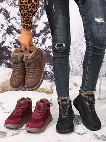 2025 Women's Winter Mid-Calf Snow Boots, Mid-Calf Thick Warm Lace-Up Boots, Leopard Print Design American Style Outdoor Sports Boots, Anti-Slip Wear-Resistant Cold-Proof Snow Boots - Jujube Red - View 2