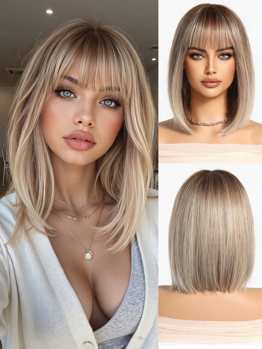 14-Inch Brown Ombre Straight Bangs Short Bob Straight Synthetic Hair Replacement Wig For Women's Daily Party - Ombre - View 1