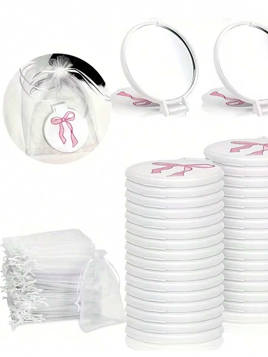 12/6pcs Set Pink Bow Mini Pocket Mirror, Round Bow Ribbon Mirror With White Storage Bag, Convenient To Carry, Suitable For Makeup, Christmas And New Year Gifts, For Women,Giveaways,Travel,Cheap Stuff,Travel Essential - Multicolor - View 1