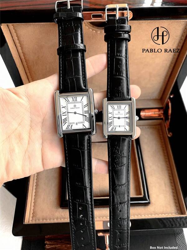 Pablo Raez Pablo Raez Original Charming Couple Watches Luxury Man & Women Classic Wristwatch Rectangle Roman Numeral Vintage Unisex Stainless Steel Lovers Dress Clocks With Date Silver Color Jewelry Non Tarnish Black Microfiber Leather Wristwatch Fashionable Brand New AAA Design Male Ladies Quartz Wristwatch
