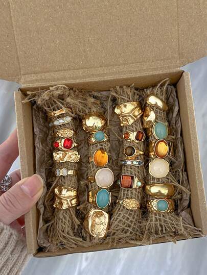 25/7/5pcs Women's Retro Elegant Fashion Exaggerated Wide Face Multi-Element Asymmetric Pleated Rhinestone Colorful Plastic Gem Open Adjustable Ring Set, Personalized High-End Stackable Rings Suitable For Women, Autumn/Winter, Vacation, Party, Wedding, Daily Wear