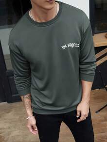 Men Los Angeles Typographic Print Casual Pullover Sweatshirt, Versatile For Sports, Leisure And Commute - Dark Grey - View 2