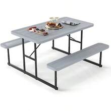 Picnic Table Bench Set For 24 People Outdoor Rectangular Camping Dining Table And 2 Benches W Umbrella Hole AllWeather HDPE Tabletop HeavyDuty Metal Frame Grey+Black