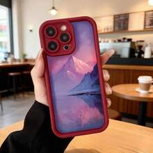Cubierta de teléfono con borde negro diseño de montaña al atardecer en tonos rosados y púrpuras para uso diario en cafeterías y espacios urbanos Aplicable a los teléfonos de la serie Apple y Galaxy - Burdeos - Ver 7