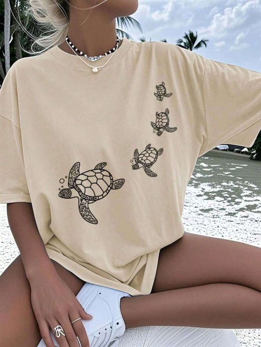 Women's T-Shirt/Sshirt, 100% Cotton, Beachwear, Turtle Print - Màu Khaki - Xem 1
