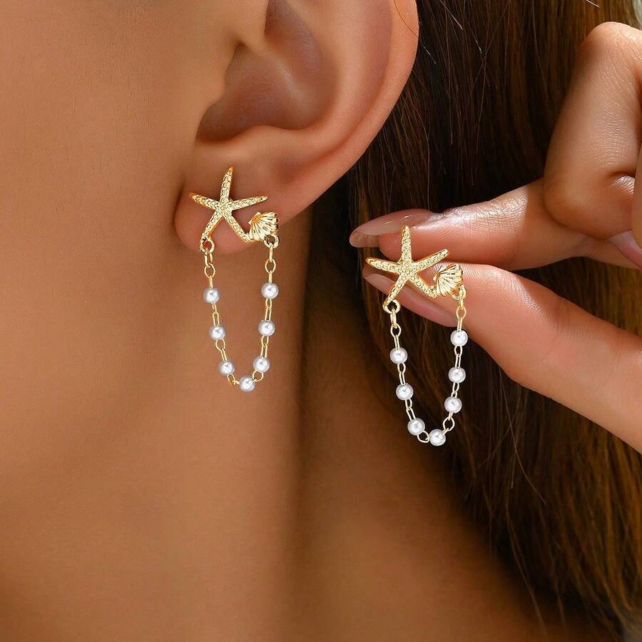 Sweet And Fresh Korean Style Women's Earrings Niche Starfish Shell Pearl Design Studs High-End Versatile Ear Jewelry - 金色 - 查看 1