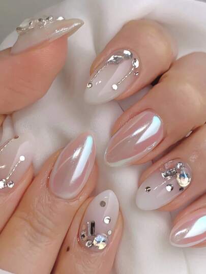 24 pezzi Unghie finte con decorazione di strass, unghie a forma di bara con brillantini, unghie finte corte, set per manicure che include 1 foglio di adesivi e 1 lima, perfetto per uso quotidiano