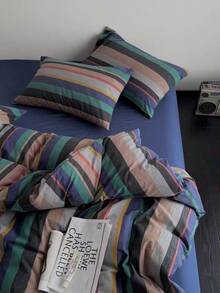 3 件套 100% 纯棉北欧复古条纹床上用品套装，2 个枕套 + 1 个羽绒被套 - 彩色 - 查看 6