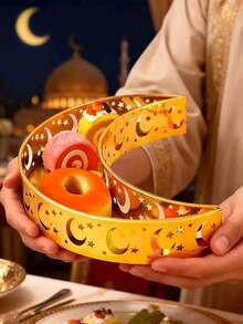 Juego de bandejas de servir de hierro para Ramadán - Decoradas con diseño de luna y estrella, color dorado, perfectas para servir dátiles, frutas secas y dulces, esenciales para las celebraciones de Eid Al-Fitr - Dorado - Ver 4