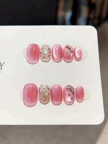 10PCS DIYhandmade Sequined Cat Eye Three-Dimensional Small Diamonds With Simple And Cute Style. Short Press Style Nails Suitable For Women, Girls, And Students In Daily Life, Dances, Parties, And College Style. Comes With Jelly Glue And Rubbing Strips For Press Nails