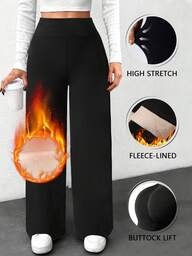 女士高腰抓绒阔腿裤 - 纯色，柔软舒适，宽松版型，保暖加厚设计，秋冬季休闲裤，户外百搭直筒裤，弹性腰带