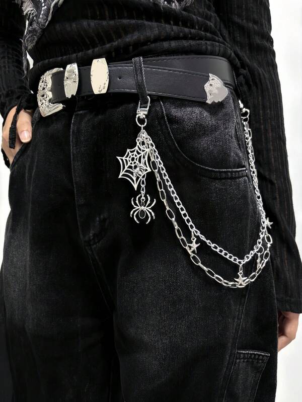 1 buc. Curea de talie cu lanț metalic multistrat, stil punk, cu pentagramă și păianjen, accesoriu pentru bărbați și femei, 16,5 inci - curea decorativă pentru petrecere, panglică metalică, curea de talie la modă