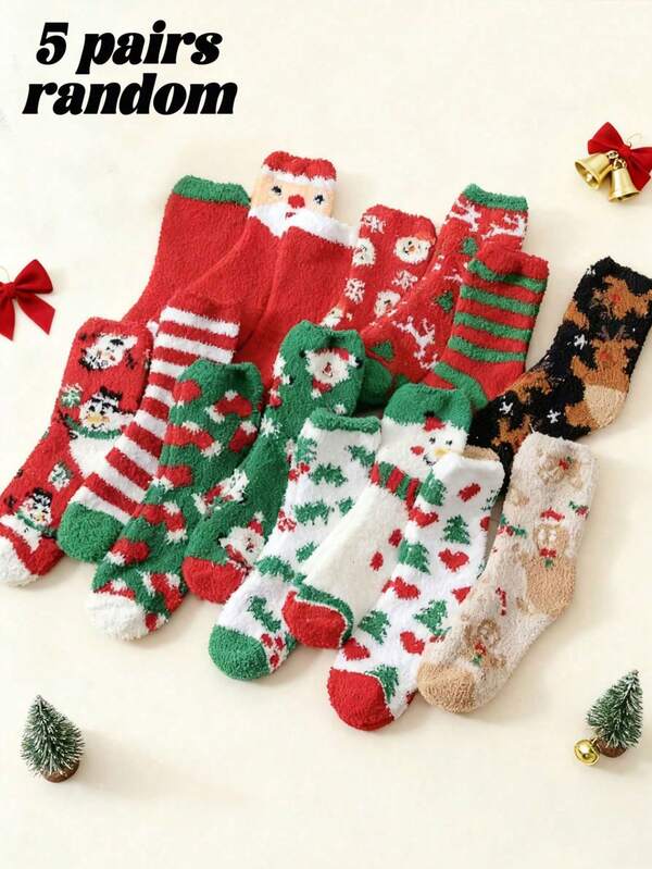 5 Paar zufällige Weihnachts-Flausch-Crew-Socken für Frauen/Männer, weiche Plüschsocken mit Weihnachtsmann, Schneemann, Rentier Mustern für Herbst/Winter Feiertage, warmes Geschenkset