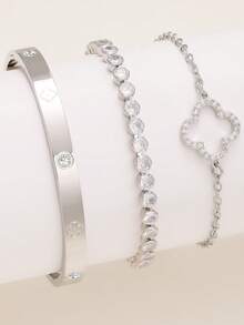 Ensemble de bracelets et de joncs avec fleurs et trèfles à quatre feuilles en zircone, bijoux de mode de luxe pour un port quotidien - Argent - Voir 2