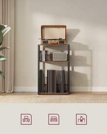 Soporte para Tocadiscos, Gabinete para Tocadiscos de 3 Niveles, Soporte para Vinilos para hasta 100 Álbumes, Mesa de Centro para Sala de Estar, Dormitorio, Marrón Rústico - Marrón - Ver 3