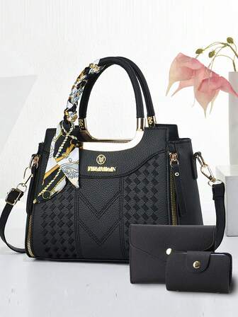 Bolso de mano elegante bordado para mujer - Con correa para el hombro desmontable, cierre con cremallera, resistente a la decoloración en azul lago/blanco/rojo/negro, herrajes en tono dorado, elegancia cotidiana | Bolso | Bolso con correa desmontable