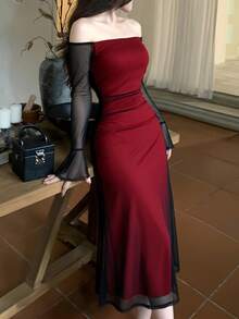 Vuslat 女士时尚纯色露肩修身喇叭袖长款连衣裙，优雅露肩网纱派对礼服，适合生日、情人节、毕业舞会、派对、夏季、春季、嘉年华、婚礼宾客等场合，优雅休闲，适合各种婚礼及活动，包括婚礼礼服、婚礼宾客礼服、奢华晚礼服和正式场合。 - 黑色 - 查看 4