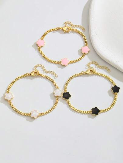 3 colores Elegante y popular pulsera de cadena cubana de acero inoxidable con decoración de flor de cinco pétalos, adecuada para niñas, un exquisito regalo de joyería de lujo para fiestas callejeras, Navidad y decoración diaria