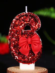1pc DIY Red Bow Number Birthday Candle, 0-9 Cake Decor Party Accessory - Romantic Party Supplies For Singles Party, Birthday, Graduation Ceremony And Theme Party - Red - View 6