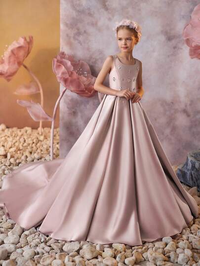 Tween Girl Pink Beaded Bow Trailing Long Dress, Elegant Party Gown, Princess Dress Suitable For Girls Birthday Party, Banquet, Prom, Wedding Bridesmaid, Flower Girl, Holiday Celebration