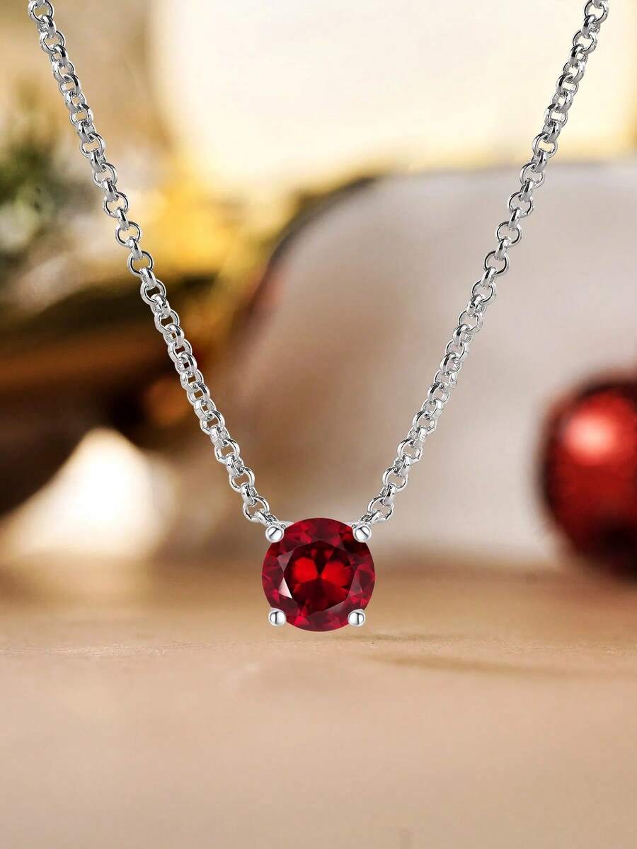 Elegant CZ January Birthstone Necklace For Women, Round Cut 1CT 12 Month Sparkling Rhinestone, Metal Copper Statement Necklace Jewelry Accessories For Daily Wear Birthday Valentine Gift For Mom Wife Girlfriend - January: Red - 查看 1