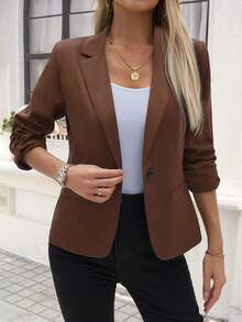 Women'S Casual Blazer - Long Sleeve Button-Front Closure, Loose Fit H-Line Silhouette, Solid Color Office & Blazer For Fall/Winter Casual Women's Fashion Featuring Long Sleeves, A Solid Hue, And A Relaxed Fit, Ideal For The Fall And Winter Seasons. This Includes Women's Apparel, , Workout Tops,  Outfits, And Office-Appropriate Blazers. - 棕色 - 查看 4