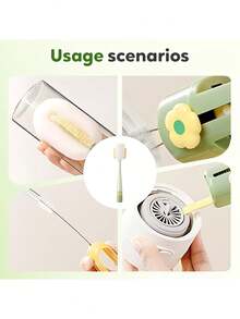 1个五合一奶瓶清洁刷，2026新款花形多功能杯刷，长柄水瓶清洁刷，带海绵和百洁布，适用于清洁杯盖和厨房日常清洁（黄+绿）厨房用品 厨房配件 厨房工具