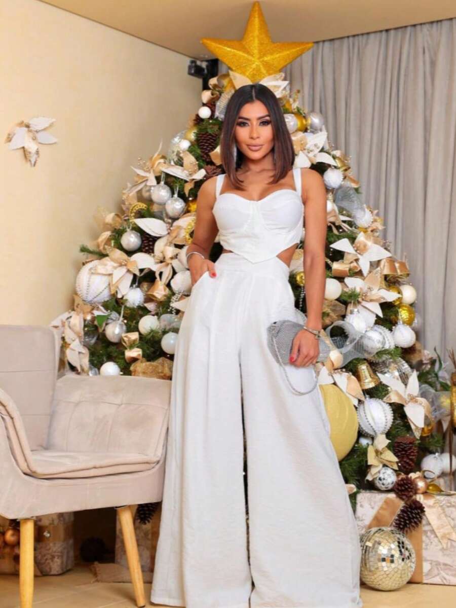 STARFASHIION Macacão Pantalona com Abertura Lateral Candy Color Elegante Festas Natal Ano Novo  TENDENCIA/MODAGRINGA/VERÃO2025 - Branco - Visão 1