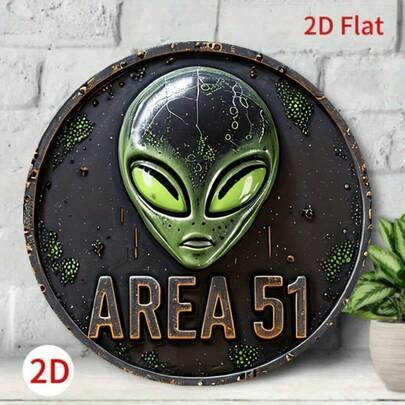 Vintage Area 51 UFO Alien Metal Sign - 7.87x7.87 Inches, Retro Green Helmet Design With "Area 51" Text, 2D Flat Wall Art For Coffee Shops, Garages, And Home Decor, Garage Wall Art | Retro Alien Design | Durable Metal Sign, Alien Decor