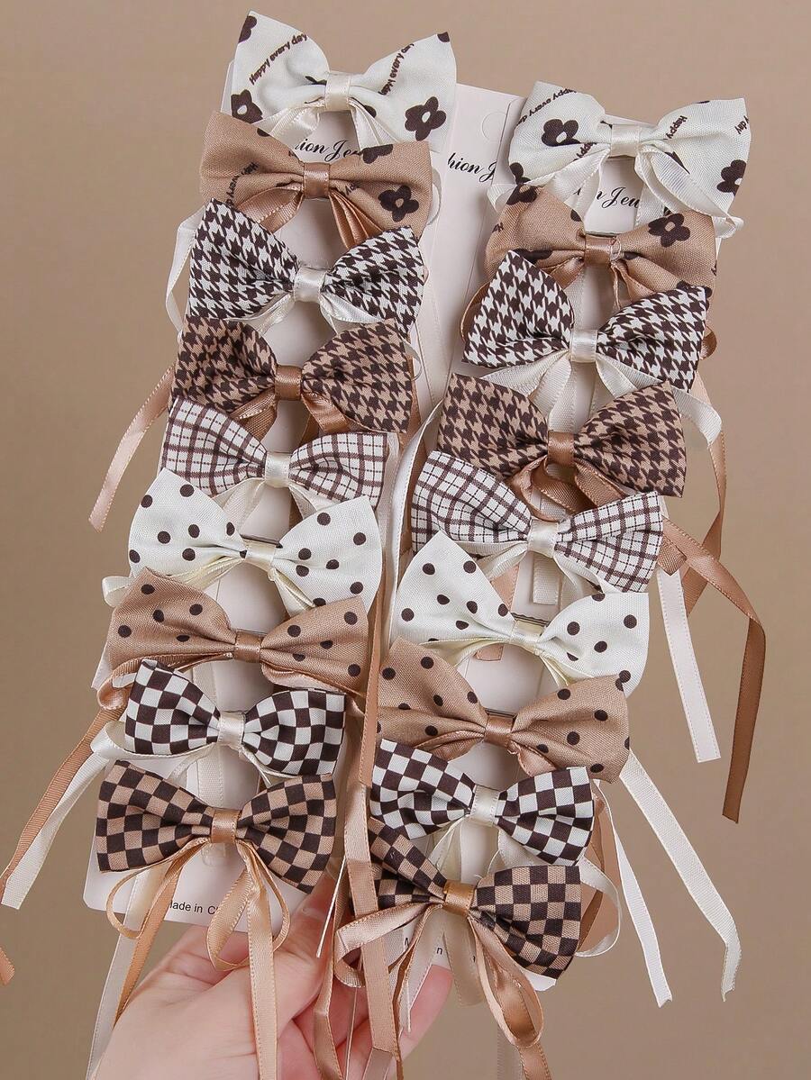 9pcs Khaki Plaid Ribbon Bow Hair Clips, Fluffy Edged Cute Versatile Hair Accessories, Minimalist Design Won't Damage Hair, Suitable For Daily Use - Multicolor - View 1
