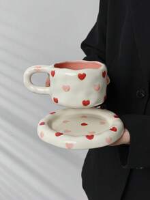 1set Ins Style Heart & Flower Ceramic Coffee Cup & Saucer Set, Breakfast Milk Cup, Home/Office Afternoon Tea/Latte/Juice Drinking Cup, Couple Gift, Holiday Gift