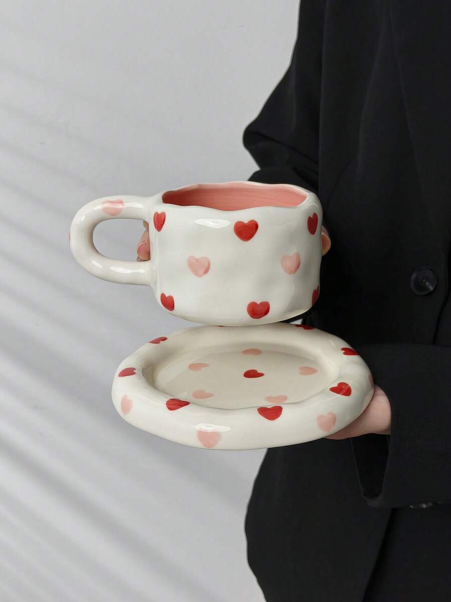 1set Ins Style Heart & Flower Ceramic Coffee Cup & Saucer Set, Breakfast Milk Cup, Home/Office Afternoon Tea/Latte/Juice Drinking Cup, Couple Gift, Holiday Gift