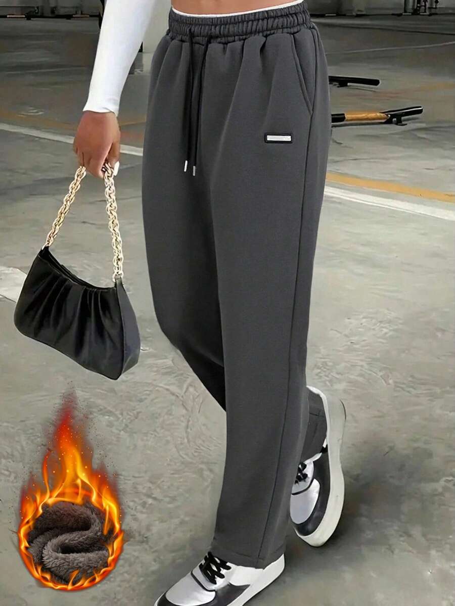 Pantalones deportivos casuales con forro térmico para mujer, gruesos para otoño/invierno - Gris Oscuro - Ver 1