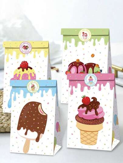 4pcs/1pc Ice Cream & Candy Gift Bags, Kraft Paper Grease-Proof Packaging Bags, Suitable For Party And Gifts, New Year And Valentine's Day Gift Bags (Stickers Random)