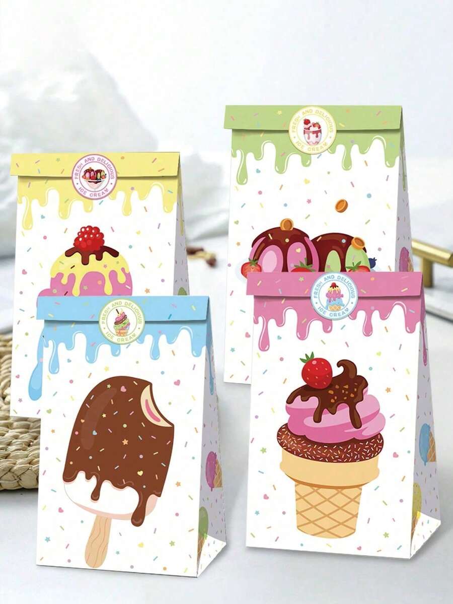 4pcs/1pc Ice Cream & Candy Gift Bags, Kraft Paper Grease-Proof Packaging Bags, Suitable For Party And Gifts, New Year And Valentine's Day Gift Bags (Stickers Random) - Multicolor - View 1