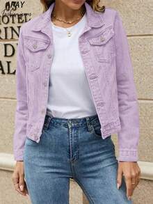 100% Cotton Light Purple Long Sleeve Denim Jacket - Versatile All-Match Short Jacket, Suitable For Women In Spring - Purple - View 5