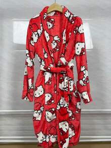 Sanrio 1件官方Hello Kitty红色背景全印花法兰绒柔软亲肤浴袍，秋冬家居服 - 彩色 - 查看 5