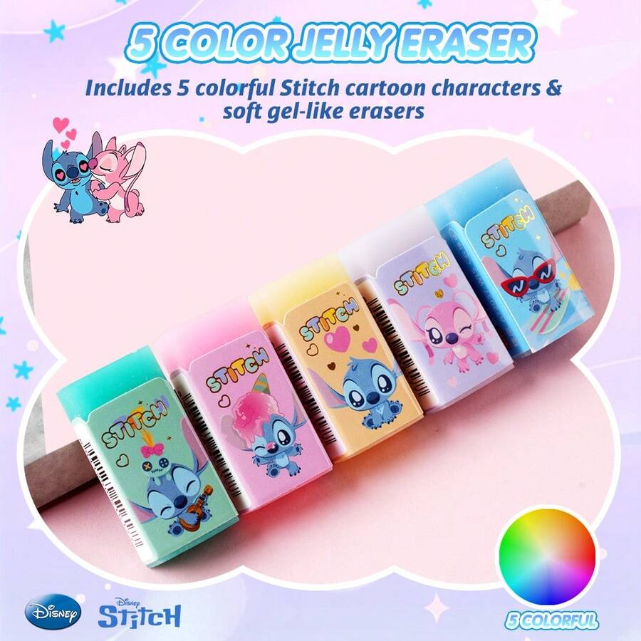 Disney Bộ 5 cục tẩy Stitch Angel Jelly Eraser 5 màu được  cấp phép chính thức Thiết kế nhân vật hoạt hình dễ thương, quyến rũ, dễ dàng xóa mà không để lại dấu vết Kết cấu mềm mại, chống gãy Quà tặng thiết yếu cho bạn bè, sinh nhật, Giáng sinh - Xem 1