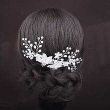 1件优雅新娘头饰，饰有水钻、仿珍珠和叶子花朵，简约发型配饰 - 銀色 - 查看 10