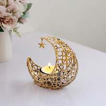 1 pièce Porte-bougie croissant de lune minimaliste en métal avec pendentif étoile, design ajouré, décoration de maison ou de bureau, excellent cadeau pour le Ramadan
