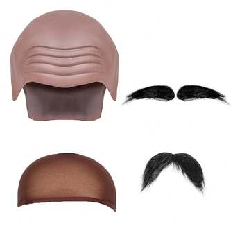 3件套乳胶光头假发及自粘黑色胡须眉毛套装，含假发帽，角色扮演服装配件