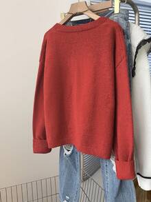 Automne et hiver Femmes Mode élégante Décontractée Simple Quotidien Navetteur Couleur unie Col Patte de boutonnage Poignets Design côtelé Rouge Patte de boutonnage simple Encolure en V Tricot Manches longues Cardigan, Nouvel An, Thanksgiving - Rouge - Voir 7