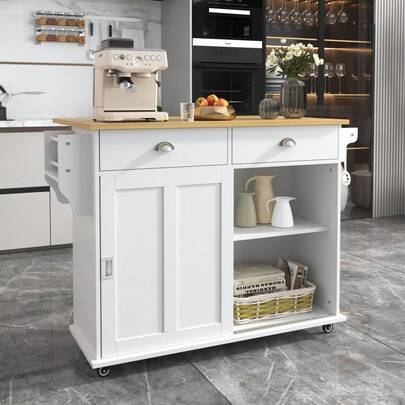 Dining Room Sideboard, 112x40(70)X94, White, Solid Wood Look Folding Top With Storage Doors, Wheels And Replaceable Solid Wood Legs, Suitable For Kitchens And Dining Rooms