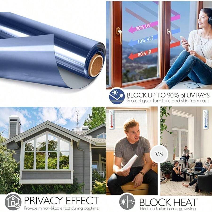 HIDBEA One Way Window Film Sun Block Heat Control Glass Tint Home Interiors Screen Stickers Self Adhesive House Black-Silver 35.4 Inches by 78.7 Inches(Azul-plateado 29.5 Inch x 6.5 Feet) - Multicolor - Ver 1
