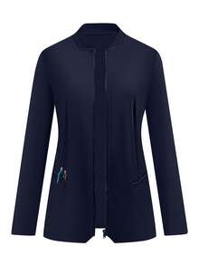 cimmuovere Women's Solid Color Functional High-Stretch V-Neck Long Sleeve Scrubs Top, Nurse Scrubs Workwear For Dentist, Healthcare, Laboratory Spring Fall - Navy Blue - View 3