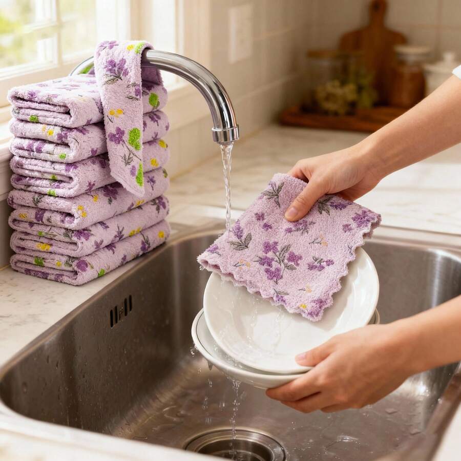 5/10 قطعة من قماش التنظيف الميكروفايبر بلون الخزامى، خالي من الوبر، لا يخدش، امتصاصية عالية، قابل لإعادة الاستخدام، مناسب للسيارة والمنزل والمطبخ والحمام وتنظيف النوافذ، قابل للغسل في الغسالة، المقاس 30*30 سم - ارجواني - مشاهدة 1