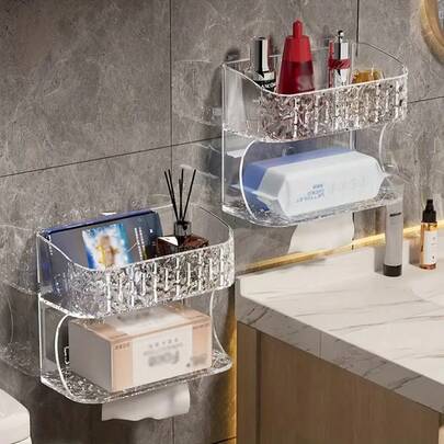 1个双层大容量卫生纸架，湿巾收纳盒，壁挂式浴室纸巾盒，化妆品展示架，香水收纳架，浴室配件，适用于各种纸巾收纳