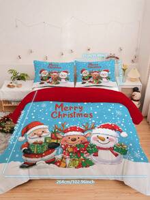 三件套圣诞主题被套，舒适床上用品，包含1个被套和2个枕套，采用亲肤100%聚酯纤维制成，圣诞老人、驯鹿、雪人图案，适合卧室、宿舍或假日旅行使用。 - 彩色 - 查看 14
